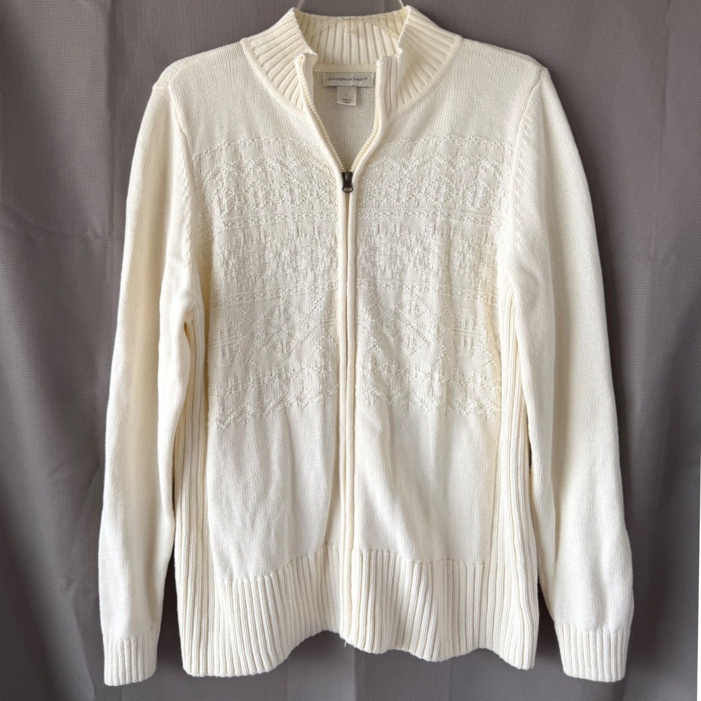 100% Cotton Christopher Banks Cardigan Sweater Cream White Zip Up Layering Large